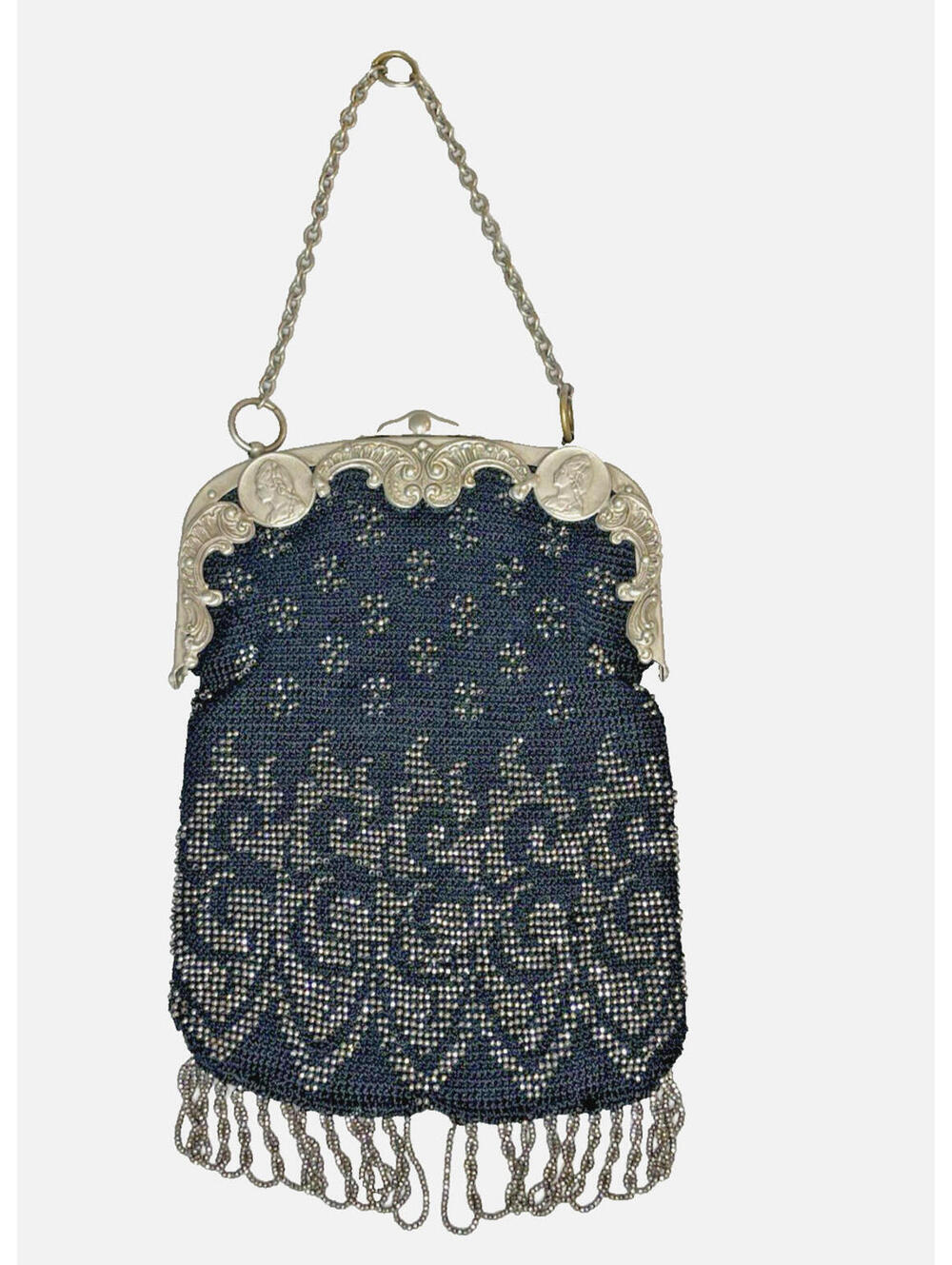 Antique Victorian 1900's Black Silver Beaded Chatelaine Purse Bag Leather Lined